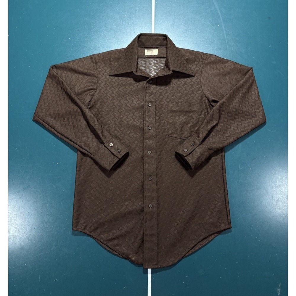 Vintage 70s Montgomery Ward Dagger Button Down Shirt Medium Brown Jacquard DISCO